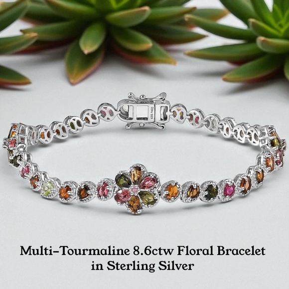 Multi-Tourmaline 8.6ctw Floral Sterling Silver Bracelet